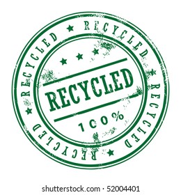 Grunge rubber stamp with small stars and the word Recycled inside, vector illustration