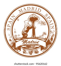 Grunge rubber stamp with statue of Bear and strawberry tree and the words Madrid, Spain inside, vector illustration