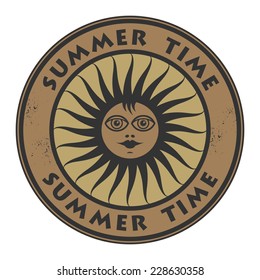 Grunge rubber stamp with sun face and the words Summer Time inside, vector illustration