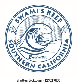 Grunge rubber stamp with surfer on wave and name of Swami's Reef, California, vector illustration