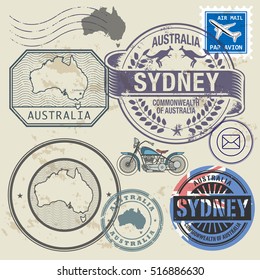 Grunge rubber stamp and symbols set with text and map of Australia, vector illustration