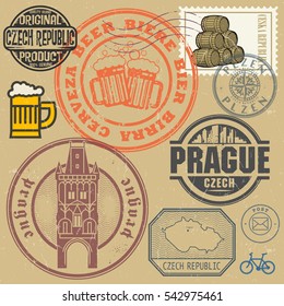 Grunge rubber stamp and symbols set with text and map of Czech Republic, vector illustration