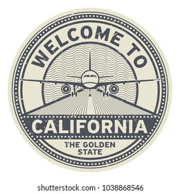 Grunge rubber stamp or tag with airplane and text Welcome to California, United States, vector illustration