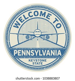 Grunge rubber stamp or tag with airplane and text Welcome to Pennsylvania, United States, vector illustration