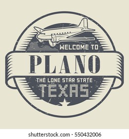 Grunge rubber stamp or tag with airplane and text Welcome to Texas, Plano, vector illustration.