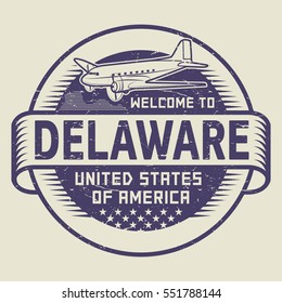 Grunge rubber stamp or tag with airplane and text Welcome to Delaware, United States of America, vector illustration
