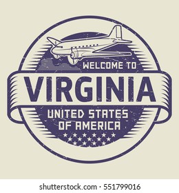 Grunge rubber stamp or tag with airplane and text Welcome to Virginia, United States of America, vector illustration