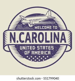 Grunge rubber stamp or tag with airplane and text Welcome to North Carolina, United States of America, vector illustration