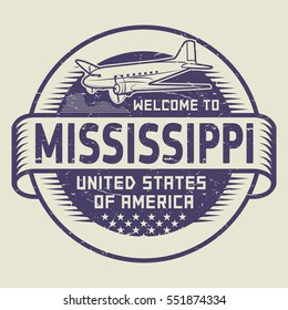 Grunge rubber stamp or tag with airplane and text Welcome to Mississippi, United States of America, vector illustration