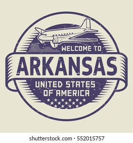 Grunge rubber stamp or tag with airplane and text Welcome to Arkansas, United States of America, vector illustration
