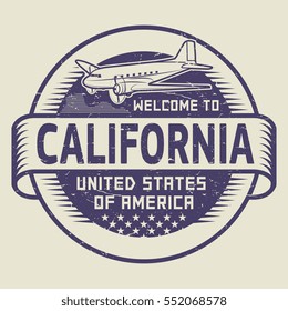 Grunge rubber stamp or tag with airplane and text Welcome to California, United States of America, vector illustration