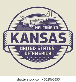 Grunge rubber stamp or tag with airplane and text Welcome to Kansas, United States of America, vector illustration