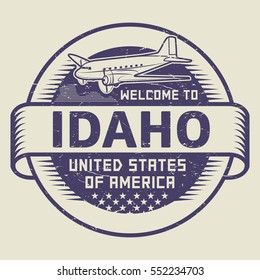 Grunge rubber stamp or tag with airplane and text Welcome to Idaho, United States of America, vector illustration