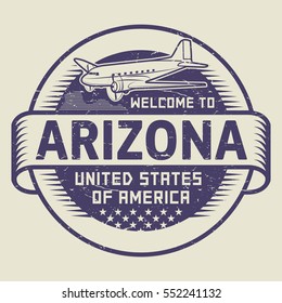 Grunge rubber stamp or tag with airplane and text Welcome to Arizona, United States of America, vector illustration