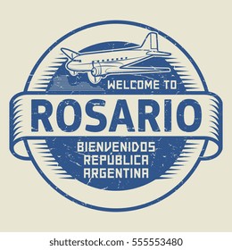 Grunge rubber stamp or tag with airplane and text Welcome to Rosario, Argentina, (in spanish language too), vector illustration.