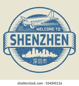 Grunge rubber stamp or tag with text Welcome to Shenzhen, (in chinese language too), China, vector illustration