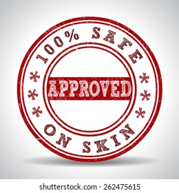 grunge rubber stamp with the text approved,100% safe on skin written inside the stamp