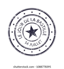 Grunge rubber stamp with the text Bastille Day over white background