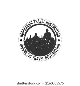 Grunge rubber stamp with the text Borobudur travel destination written inside the stamp. Silhouette Borobudur temple Indonesia historical vector image. Indonesia travel destination grunge rubber stamp