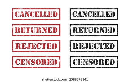 Grunge rubber stamp with text. Cancelled, Censored, returned, rejected, text on red grungy vintage rubber stamp.
