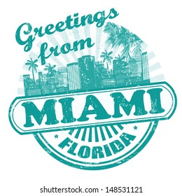 Grunge rubber stamp with text Greetings from Miami, vector illustration