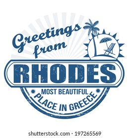 Grunge rubber stamp with text Greetings from Rhodes  most beautiful place in Greece, vector illustration