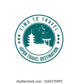 Grunge rubber stamp with the text Japan travel destination written inside the stamp. Time to travel. Silhouette of fuji mount and temple Japan travel destination grunge rubber stamp vector