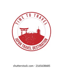 Grunge rubber stamp with the text Japan travel destination written inside the stamp. Time to travel. Silhouette of Fuji mount and temple Japan historical vector image.