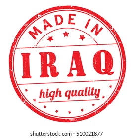 grunge rubber stamp with text "made in Iraq, high quality" on white, vector illustration