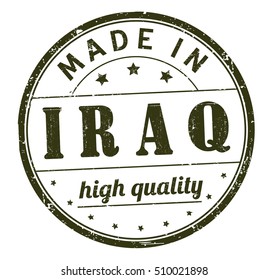 grunge rubber stamp with text "made in Iraq, high quality" on white, vector illustration