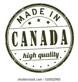grunge rubber stamp with text "made in Canada, high quality" on white, vector illustration