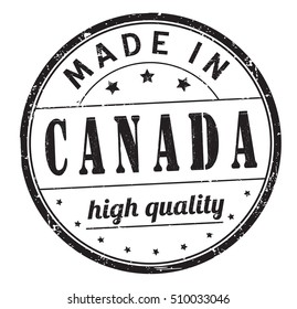 grunge rubber stamp with text "made in Canada, high quality" on white, vector illustration