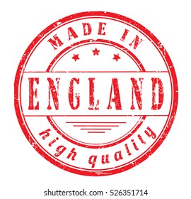 grunge rubber stamp with text "made in England, high quality" on white, vector illustration