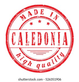 grunge rubber stamp with text "made in Caledonia, high quality" on white, vector illustration