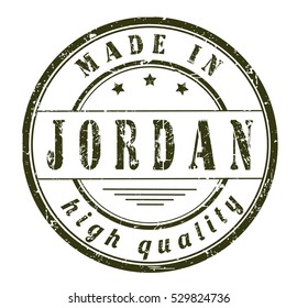 grunge rubber stamp with text "made in Jordan, high quality" on white, vector illustration