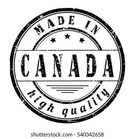 grunge rubber stamp with text "made in Canada, high quality" on white, vector illustration