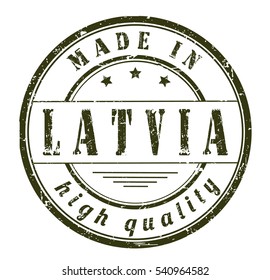 grunge rubber stamp with text "made in Latvia, high quality" on white, vector illustration