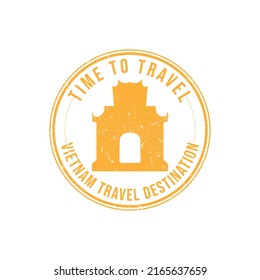 Grunge rubber stamp with the text Vietnam travel destination written inside the stamp. Time to travel. Silhouette temple Vietnam historical vector image. 