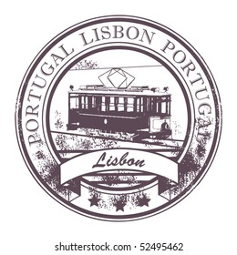 Grunge rubber stamp with Tram and the word Lisbon, Portugal inside, vector illustration