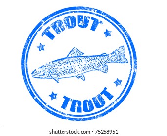 Grunge rubber stamp of a trout fish and the word trout written inside