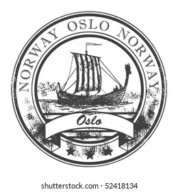 Grunge rubber stamp with Viking Ship and the word Oslo Norway inside, vector illustration