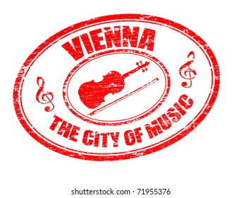 Grunge rubber stamp with violin shape and the text Vienna - The city of music written inside, vector illustration