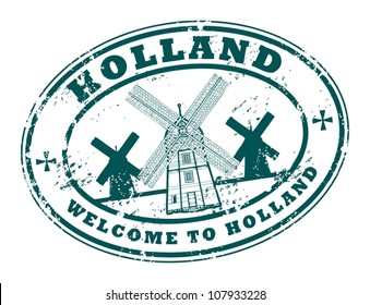 Grunge rubber stamp with windmill and the word Holland inside, vector illustration