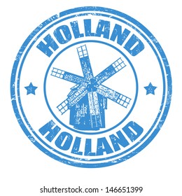 Grunge rubber stamp with windmill and the word Holland inside, vector illustration