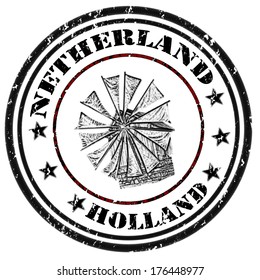 Grunge rubber stamp with windmill and the word Holland inside