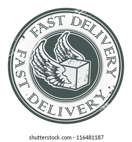 Grunge rubber stamp with wings and the text Fast Delivery written inside, vector illustration