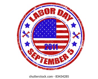 grunge rubber stamp with word labor day and US flag inside,vector illustration