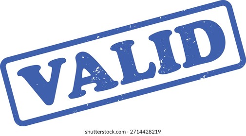 Sello de goma grunge con la palabra 'VALID' en azul, mostrando un efecto texturizado y desgastado, perfecto para conceptos de autenticidad, sobre un fondo transparente.