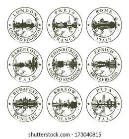 Grunge rubber stamps with London, Paris, Rome, Barcelona, Edinburgh, Zurich, Budapest, Krakow and Pisa - vector illustration