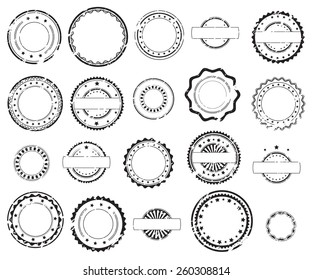 Grunge rubber stamps and stickers icons, set, graphic design elements, black isolated on white background, vector illustration.